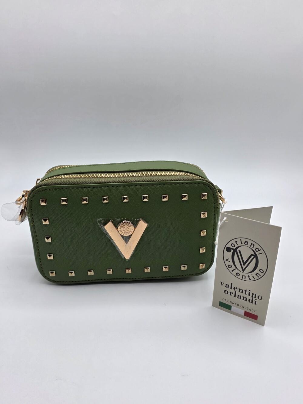 Valentino Orlandi V-3003 Forest Green Studded Camera Crossbody Bag NWT